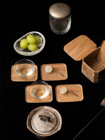 隅切平皿 五客/組 搭配木盒 緬甸柚木