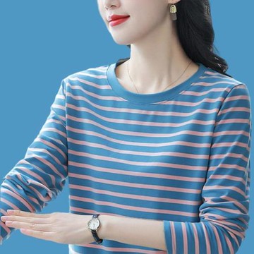 純棉t恤女今年新款秋季上衣大碼寬松條紋長袖中年媽媽圓領打底衫