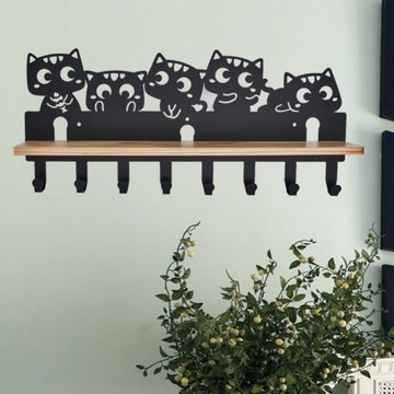 創意墻壁鐵藝木板小盆景置物架無痕免釘多掛鉤收納架多功能放置架