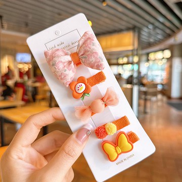 甜美可愛布藝髮夾(五入組)-碎花蝴蝶結-橘色