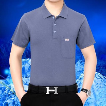 中年短袖t恤男士翻領真口袋純色寬松夏季爸爸裝純棉polo衫汗衫