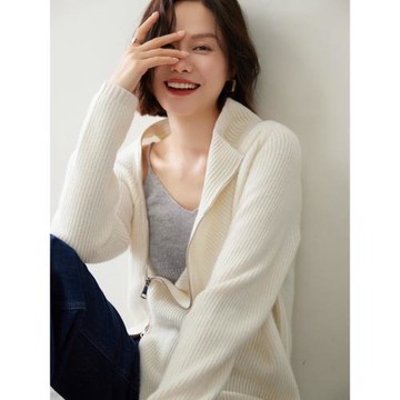 斜拉鏈加厚羊絨開衫女寬松慵懶毛衣外套秋冬新款高領外搭粉色