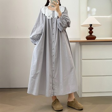 蕾絲大翻領刺繡寬鬆長洋裝143217