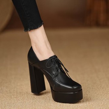 熊大叔手工女鞋10.8cm高跟鞋粗跟真皮深口單鞋防水臺方頭系帶黑色