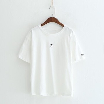 現貨+預購 短袖T恤圓領上衣-簡約星星刺繡休閒女打底衫2色73sy18【獨家進口】【米蘭精品】