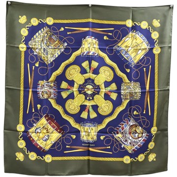 HERMES 愛馬仕 綠色 Les Tambours Scarf 90 絲綢 絲巾 【二手名牌BRAND OFF】