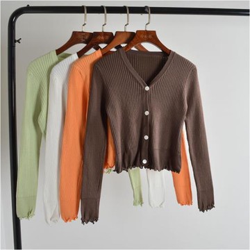 木耳邊純色白色針織短款外套上衣女春秋季新款顯瘦V領長袖外套