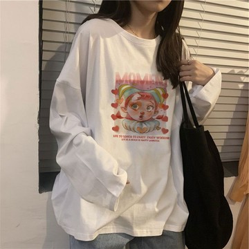 新款韓版潮流印花學生純棉長袖t恤棉質寬鬆秋季款打底上衣