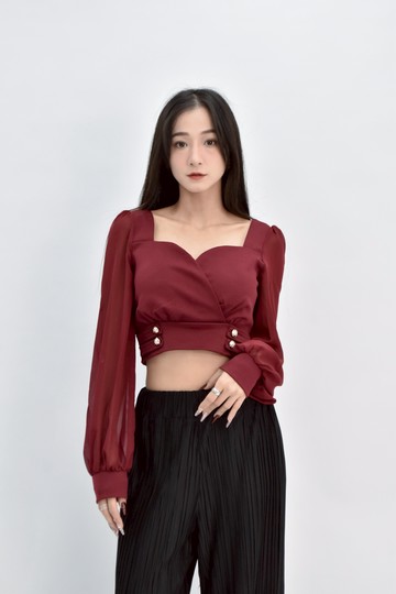(S) sister修身短版透膚袖酒紅色長袖上衣