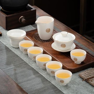 羊脂玉白瓷功夫茶具套裝陶瓷蓋碗整套茶具高檔商務禮品logo可定