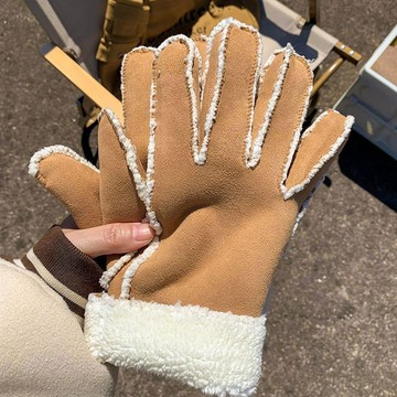 騎車手套✨ 保暖手套 反季女士美式復古手套女冬季情侶男保暖五指麂皮絨翻毛皮加絨加厚