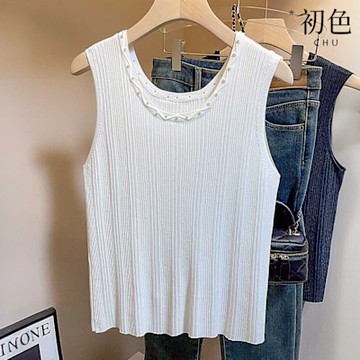 初色 冰絲輕薄透氣純色簡約內搭打底圓領無袖吊帶針織背心女背心-共2色-11979(F可選)