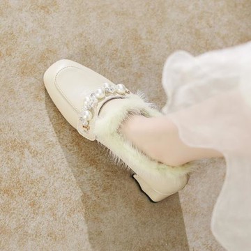 毛毛樂福鞋女2025秋冬季新款水貂毛高跟鞋冬季外穿粗跟英倫風加絨