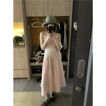 TREES 韓版抽褶可調節吊帶裙2024春夏內搭疊穿長款連衣裙