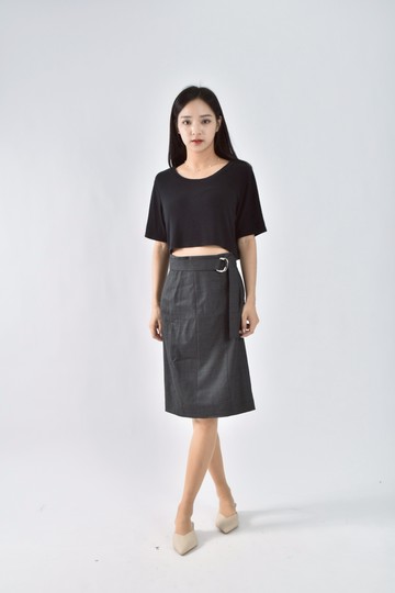 (S) boss質感環扣修身灰色長裙