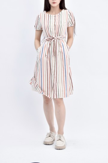 (S) perng yuh棉質亞麻條紋短袖杏色洋裝