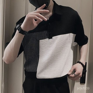 新品【夏季】高級條紋冰絲polo衫新款帥氣襯衫休閒夏季薄款ins襯衣男士短袖T恤潮男衣服
