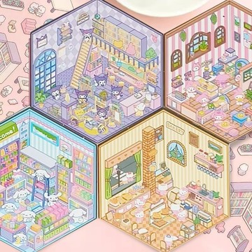 嚴選好物🌈庫樂米造景貼紙新款堆疊微縮素材立體小屋可愛手工場景diy貼畫本SJBR