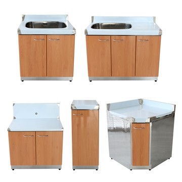 【Abis】客製商品-豪華升級款不鏽鋼五件組系統櫥櫃/流理台/工作台/收納廚具-多款門板可選(桶身304)木紋色