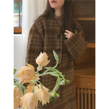 JOENG 秋冬復古學院風寬松毛呢格子v領西服套裝外套半身裙兩件套