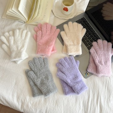 ✨精選好物✨重磅韓版純色仿貂絨保暖手套女士 冬季防寒防凍全指手套   毛毛保暖防凍手套   毛茸茸手套  藍色手套