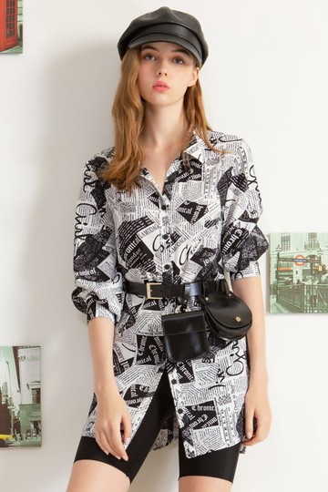 MW  雪紡英字印花長版襯衫上衣