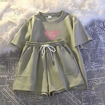 休閑運動套裝寬松短褲舒適短袖時尚大碼夏裝穿套裝顯白外兩件套女