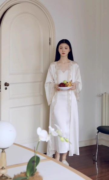 法式復古 蕾絲長款真絲居家服 連身裙套裝