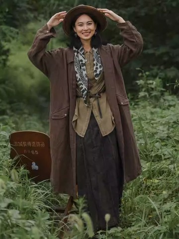 胡桃色 色織亞麻翻領條紋寬鬆長袖風衣外套