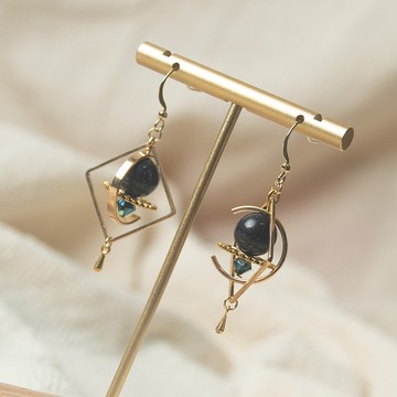 星球概念 天然石幾何耳環 鍍真金耳夾 耳針