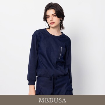 現貨【MEDUSA 曼度莎】藍色拉鍊口袋羅紋運動上衣（M-XL）｜女休閒上衣 長袖上衣
