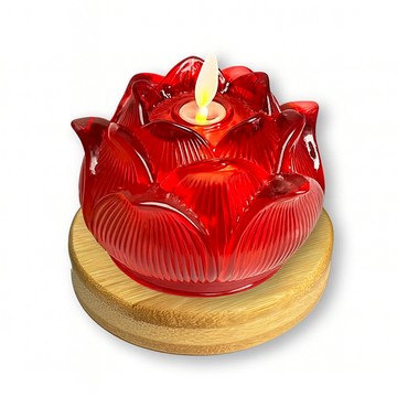 【新韻傳音】圓滿蓮花燈搭配圓木底盤(單入)｜電池葉片款｜插電｜蓮花蠟燭燈 拜拜供神 祈福 電子蠟燭 神明桌 D382B