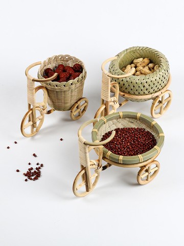 純手工竹編三輪車創意家居干果籃茶點籃果盤收納筐小擺件水果籃