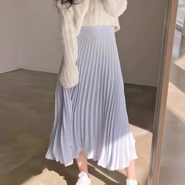 韓國chic春季減齡氣質純色垂感設計高腰百搭A字百褶半身裙長裙女