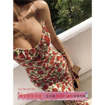 ITSNIKAR法式玫瑰碎花連衣裙女復古紅色吊帶裙海邊度假風修身裙子