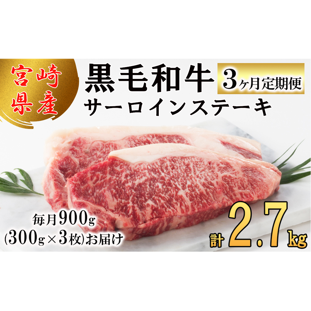  宮崎県産 黒毛和牛 サーロイン ステーキ 300g ×3×3ヶ月 合計2.7kg 小分け 冷凍 送料無料 国産 牛 肉 霜降り BBQ バーベキュー キャンプ 真空包装 スペース 収納