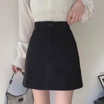 BJ COLLECTION  日系純色燈芯絨布防走光內裡傘擺短裙BJC40052黑色