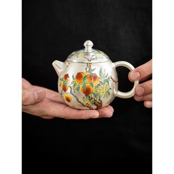 銀茶具 大師手工鎏999純銀上作畫手繪九桃龍蛋茶壺養生泡茶器禮品