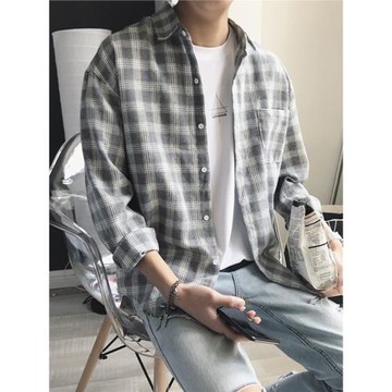 秋季韓版潮流格子長袖襯衫男青少年寬松bf休閑百搭條紋襯衣