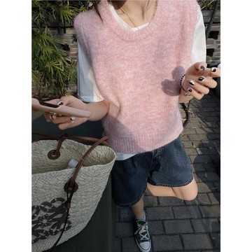 FEELROOM秋冬針織馬甲背心坎肩疊穿內搭粉色無袖短款套頭韓版上衣