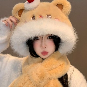 可愛蛋糕小熊毛絨女2024年冬季帽子圍巾一體顯臉小保暖護耳雷鋒帽