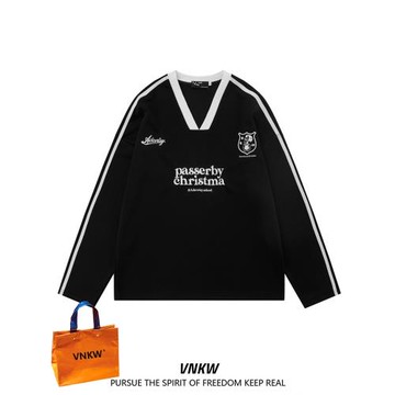撞色運動足球風V領衛衣男春秋季寬松情侶顯瘦oversize復古打底衫