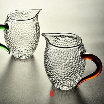 錘紋公道杯玻璃分茶器家用蜂鳥公杯耐熱加厚錘紋帶把功夫茶具配件1入