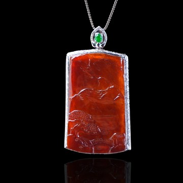 冰種紅翡翡翠山水牌項鍊 18K金鑽石 | 天然緬甸玉翡翠A貨 | 送禮