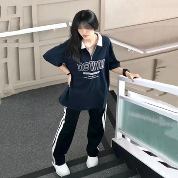 【台灣現貨速發】夏季女款運動套裝 POLO領短袖T恤+長褲 透氣休閒服 運動外出逛街穿搭 兩件套 夏天套裝 a0170