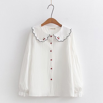 甜美櫻桃刺繡長袖白襯衫女洋氣減齡娃娃領襯衣百搭疊穿打底衫上衣