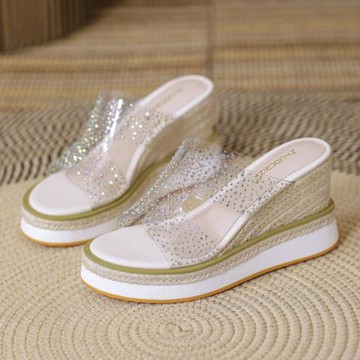 水鉆坡跟涼鞋女2025年新款夏季高跟涼拖鞋外穿松糕厚底粗跟配裙子