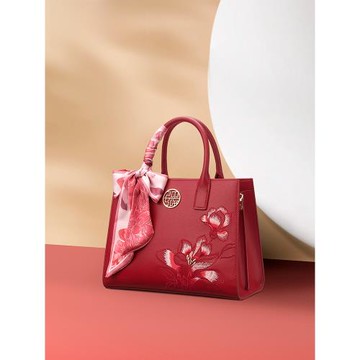 專柜正品大牌刺繡紅色中年媽媽女手提包婆婆包國風單肩斜跨高級感