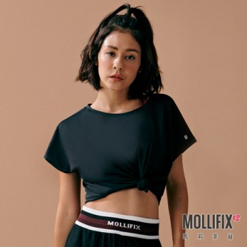 Mollifix 瑪莉菲絲 垂墜感圓領短袖上衣 (黑) 暢貨出清、瑜珈服、背心、T恤