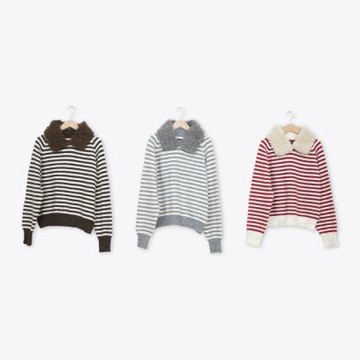 【MASTINA】毛毛領條紋針織上衣 紅 咖 灰(魅力商品)